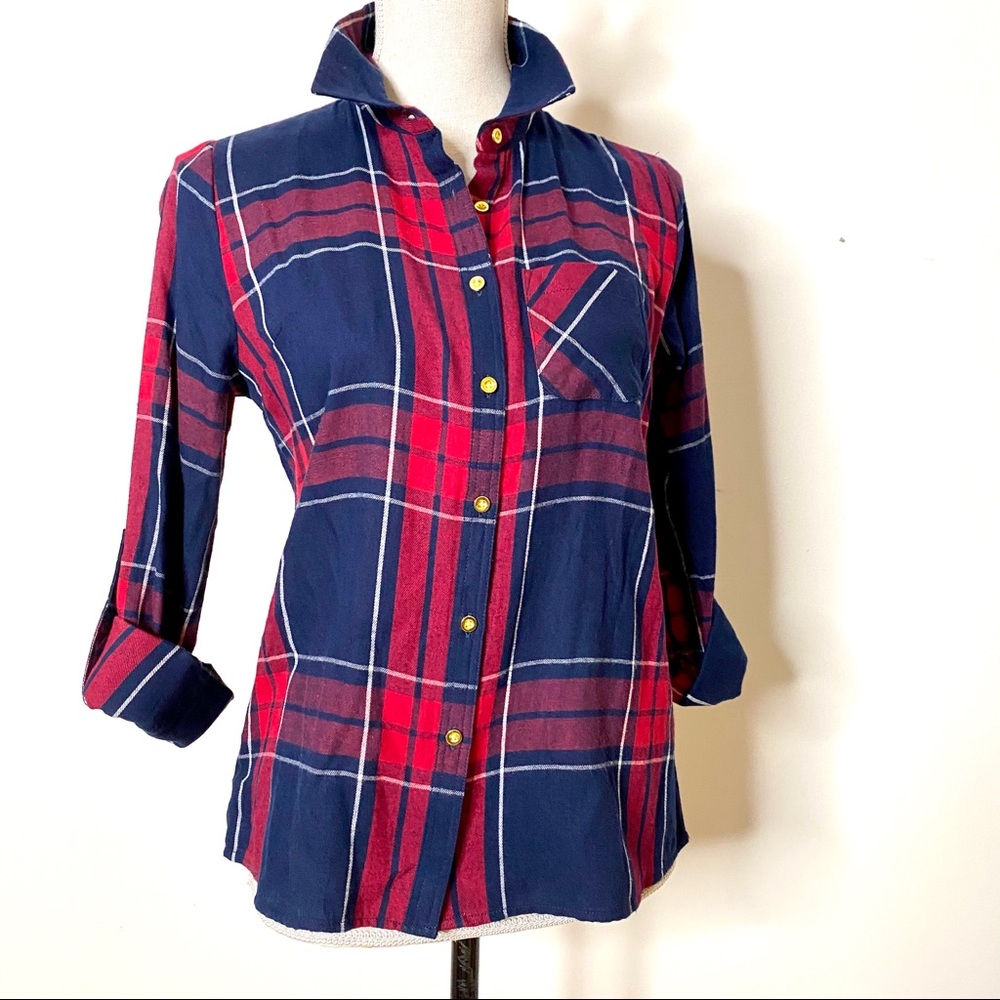 Blue Red Cotton Flannel Gold Buttons Long Shirt - Picture 5 of 9